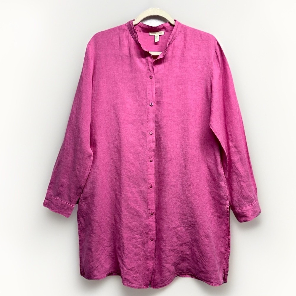 Eileen Fisher Tunic Top Women Small Pink Organic Linen Mandarin Collar Sleeve